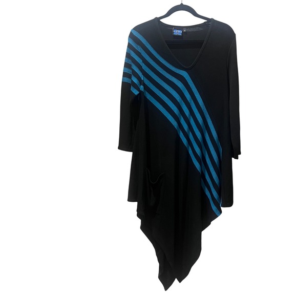 Elhoffer Essentials Tunic Dress Black Blue Stripe Handkerchief Hem L - Picture 1 of 6